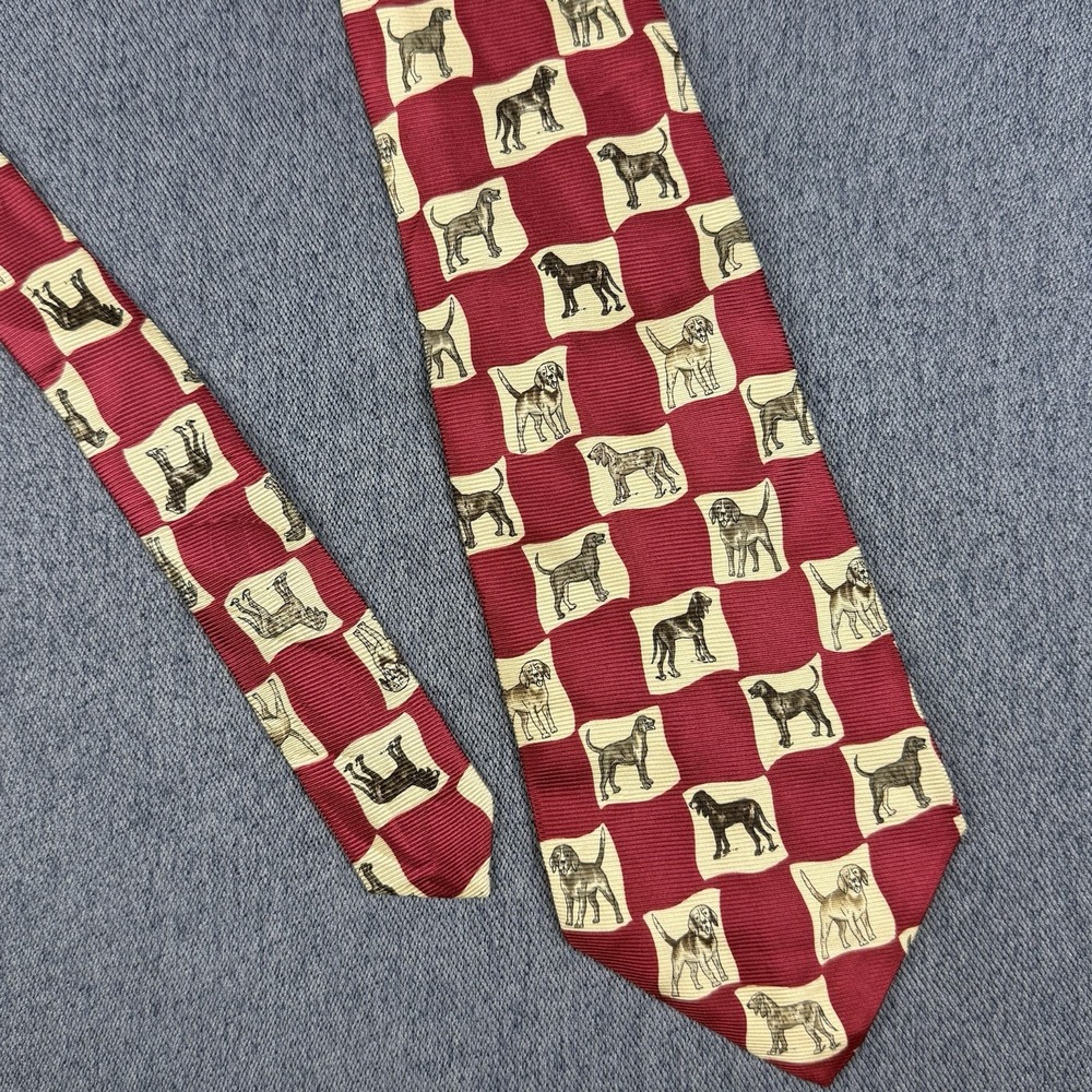 Vintage Polo Ralph Lauren Dog Print Silk Tie Red Hand Made USA Hunting 3.75"